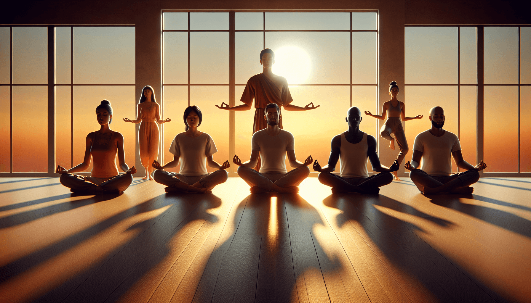 People meditating cross-legged on a wooden floor by tall windows at sunrise