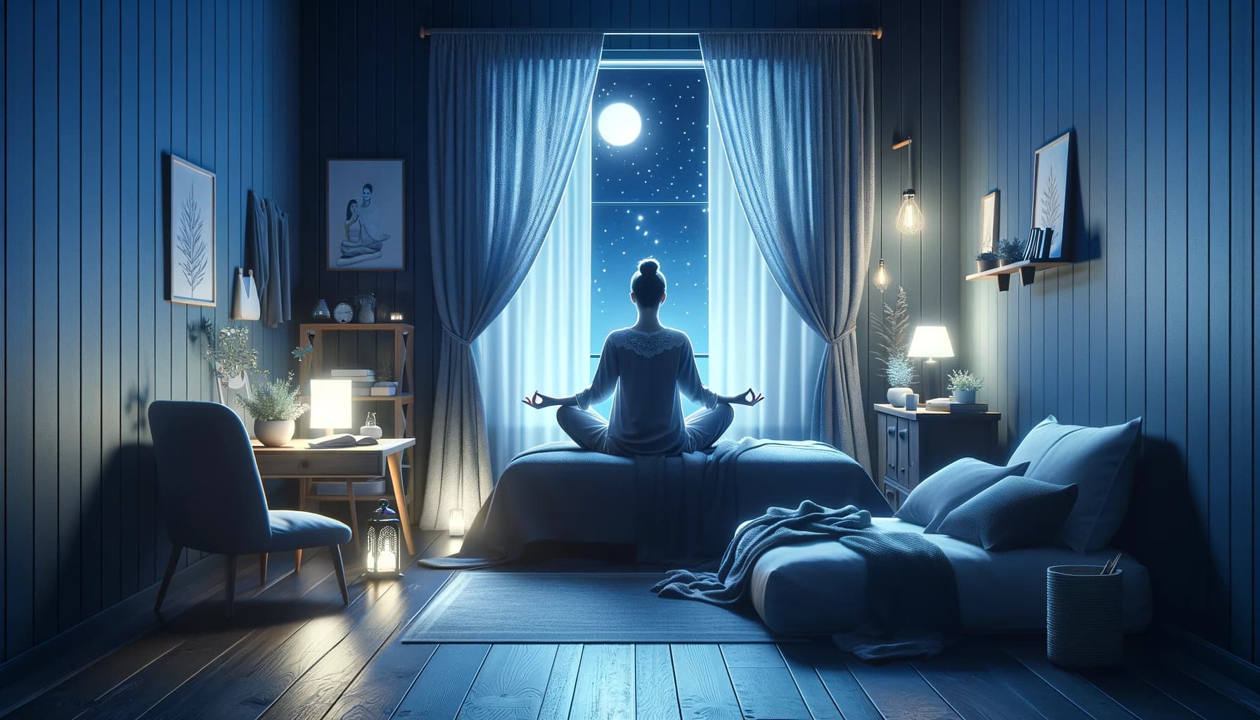 Person meditating on a bed by a moonlit window in a blue bedroom