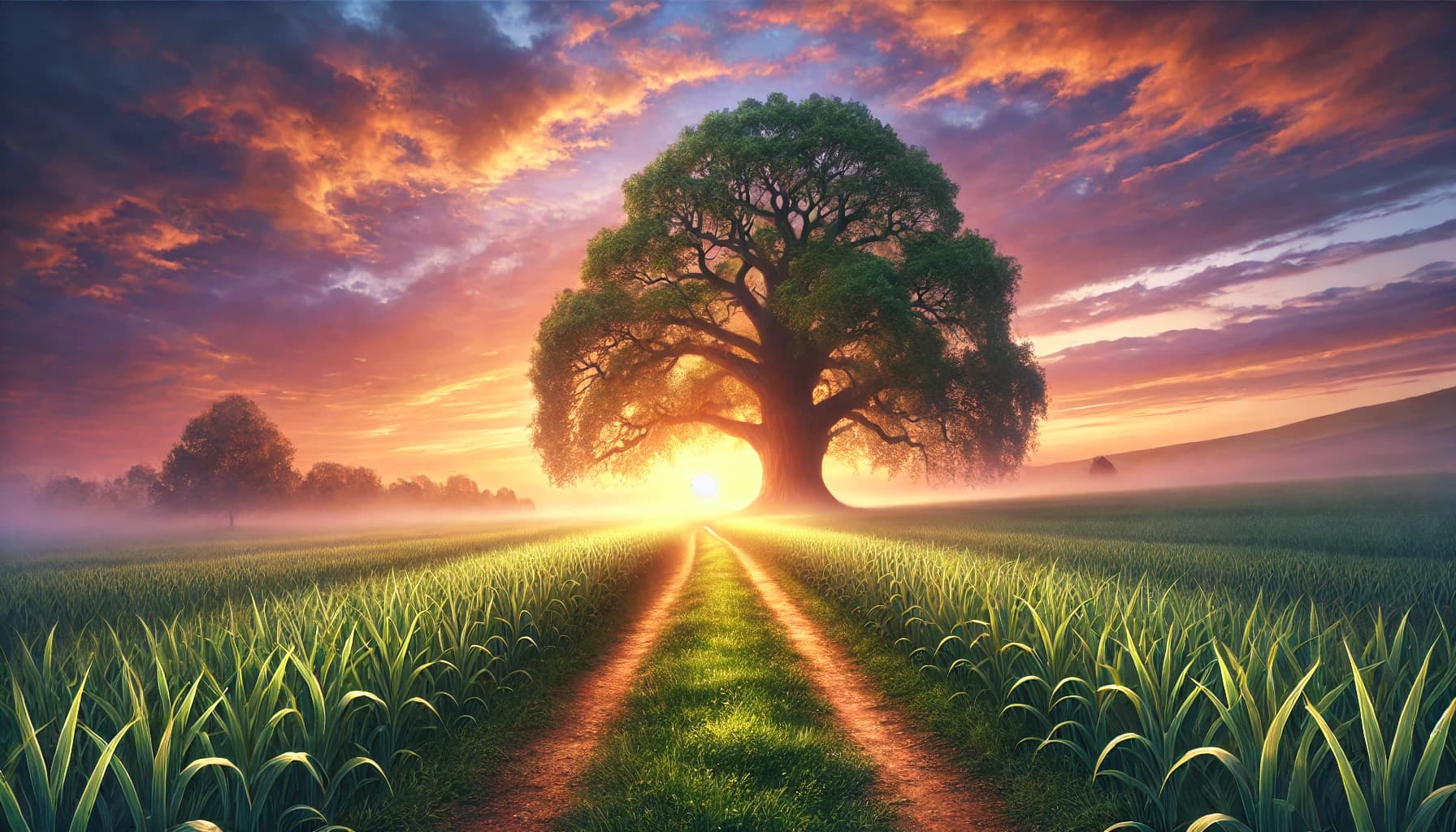 Old oak tree at sunset beside a dirt path through a green field