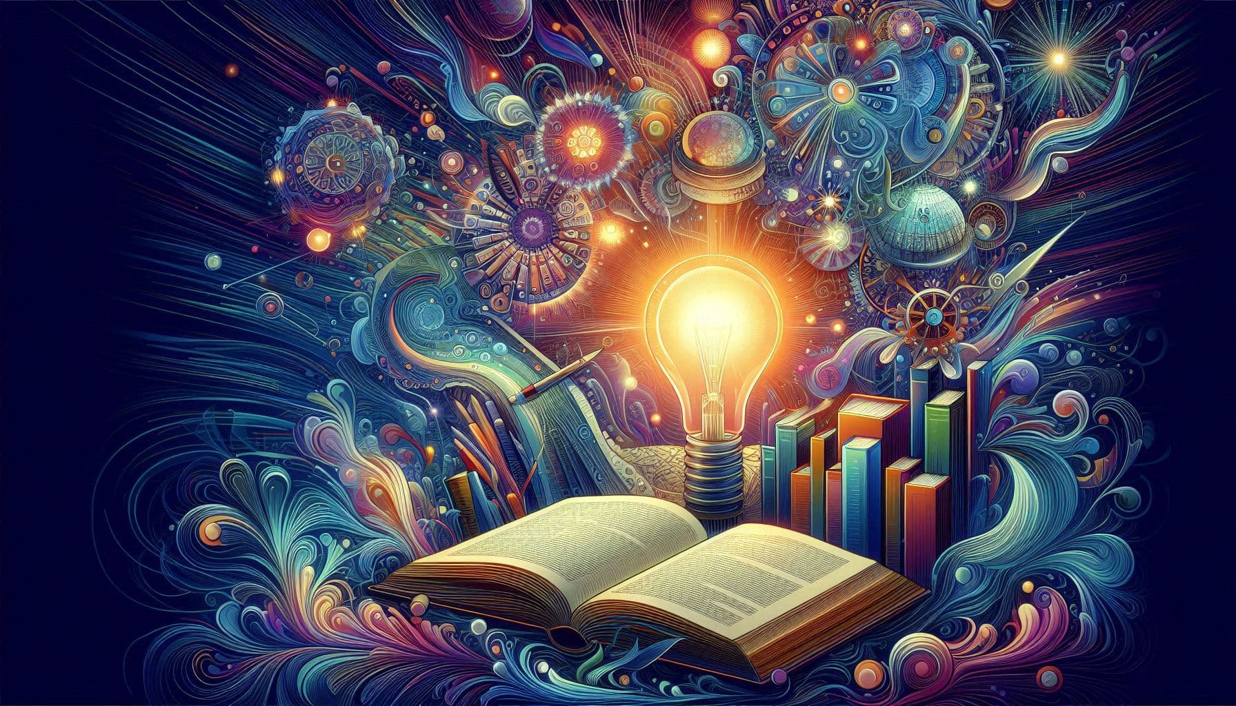 Glowing light bulb above an open book and colorful books, swirling illustration