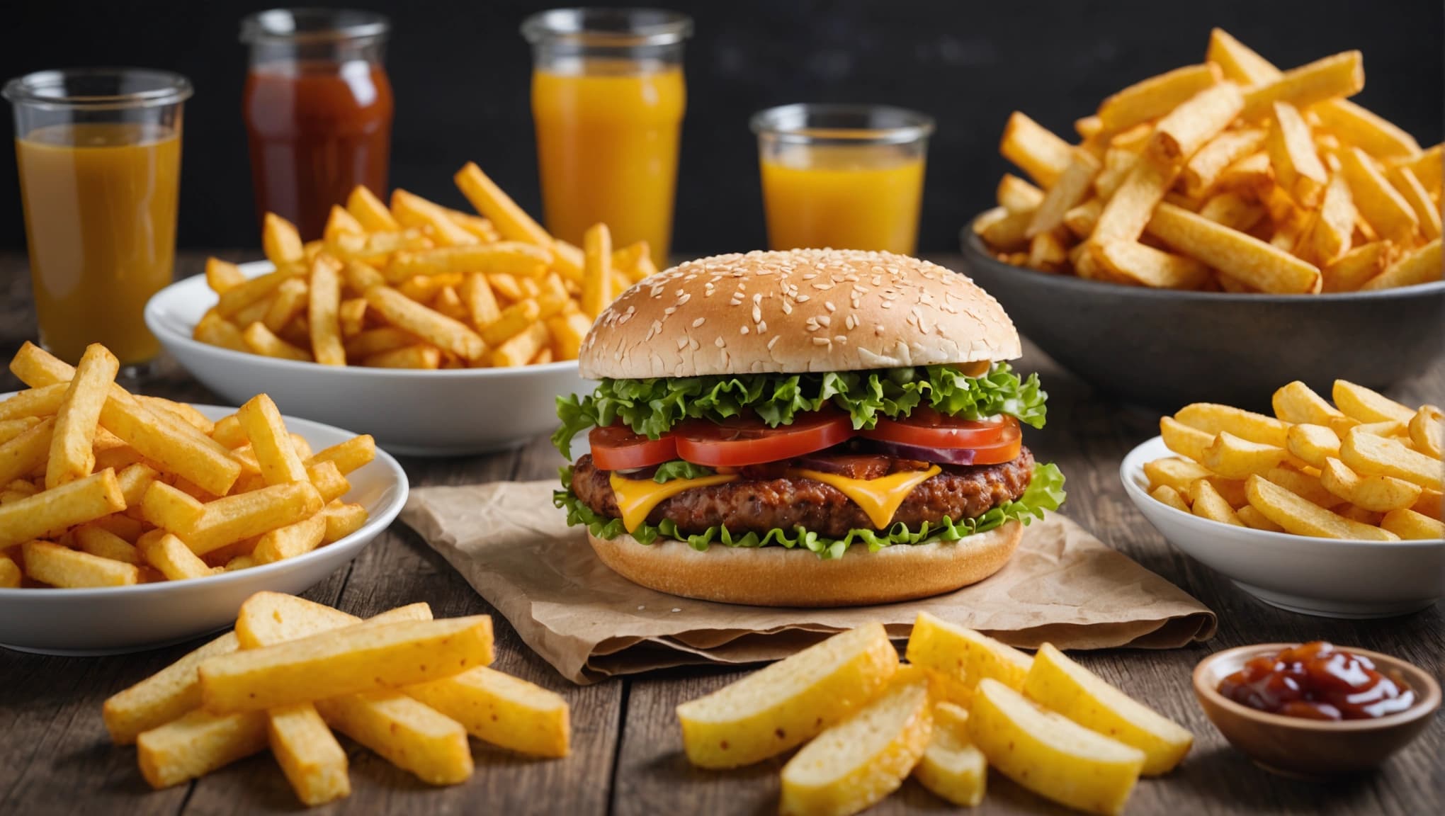 Cheeseburger surrounded by bowls of french fries, juice and ketchup