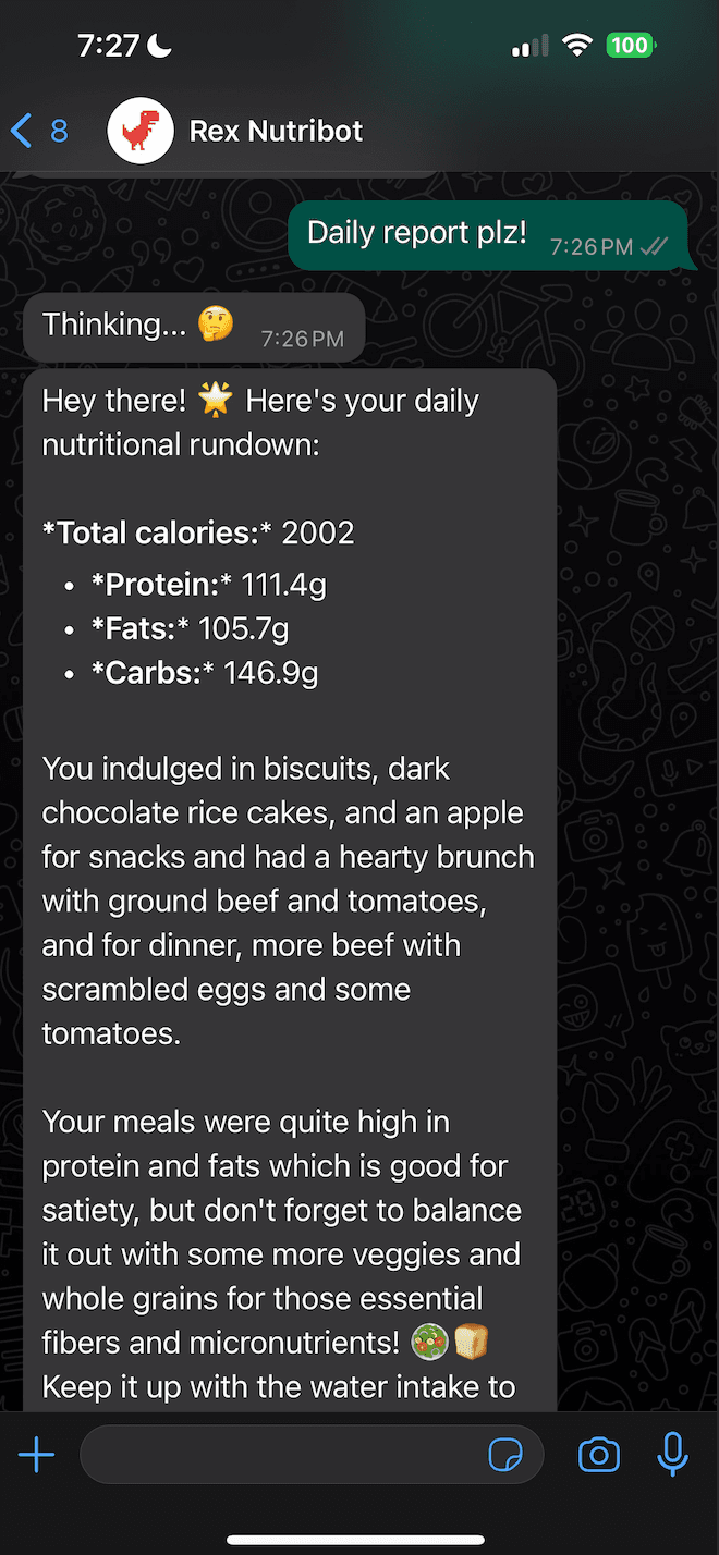 Rex on WhatsApp sending a daily nutritional rundown with total calories, protein, fats and carbs