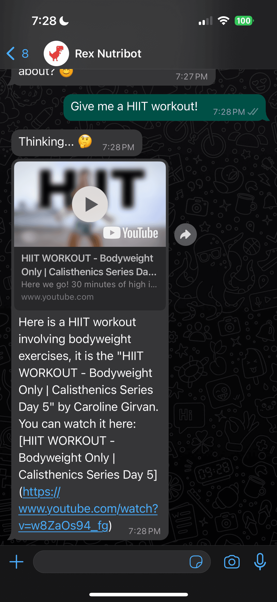 Rex on WhatsApp answering a request for a HIIT workout with a bodyweight video recommendation