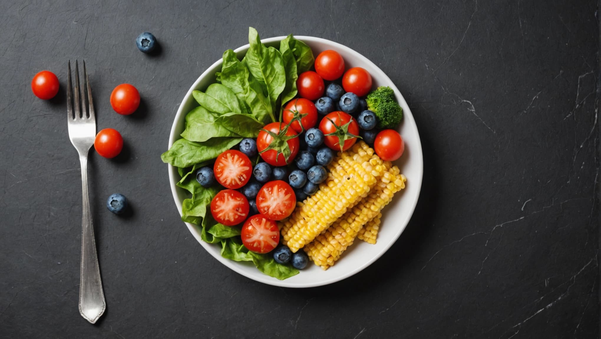 Bowl of spinach, cherry tomatoes, blueberries and corn beside a fork