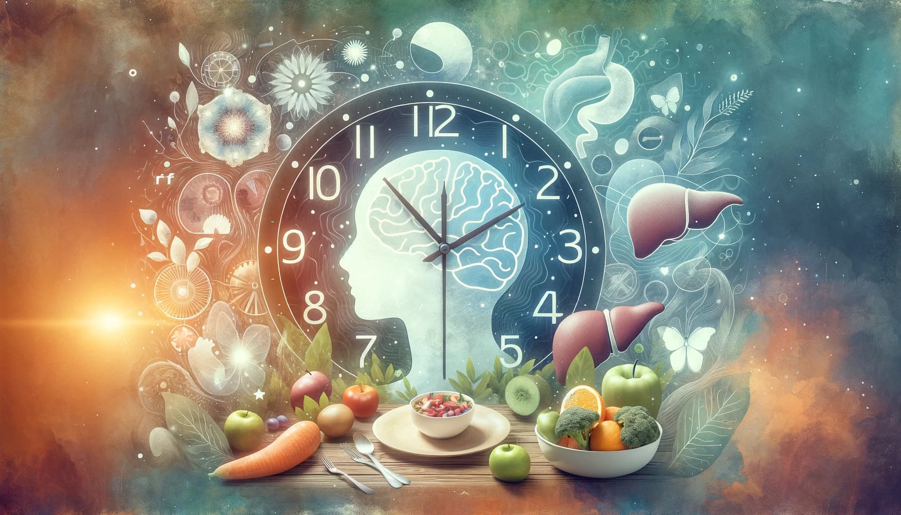 Clock around a head silhouette with brain, liver and fresh produce