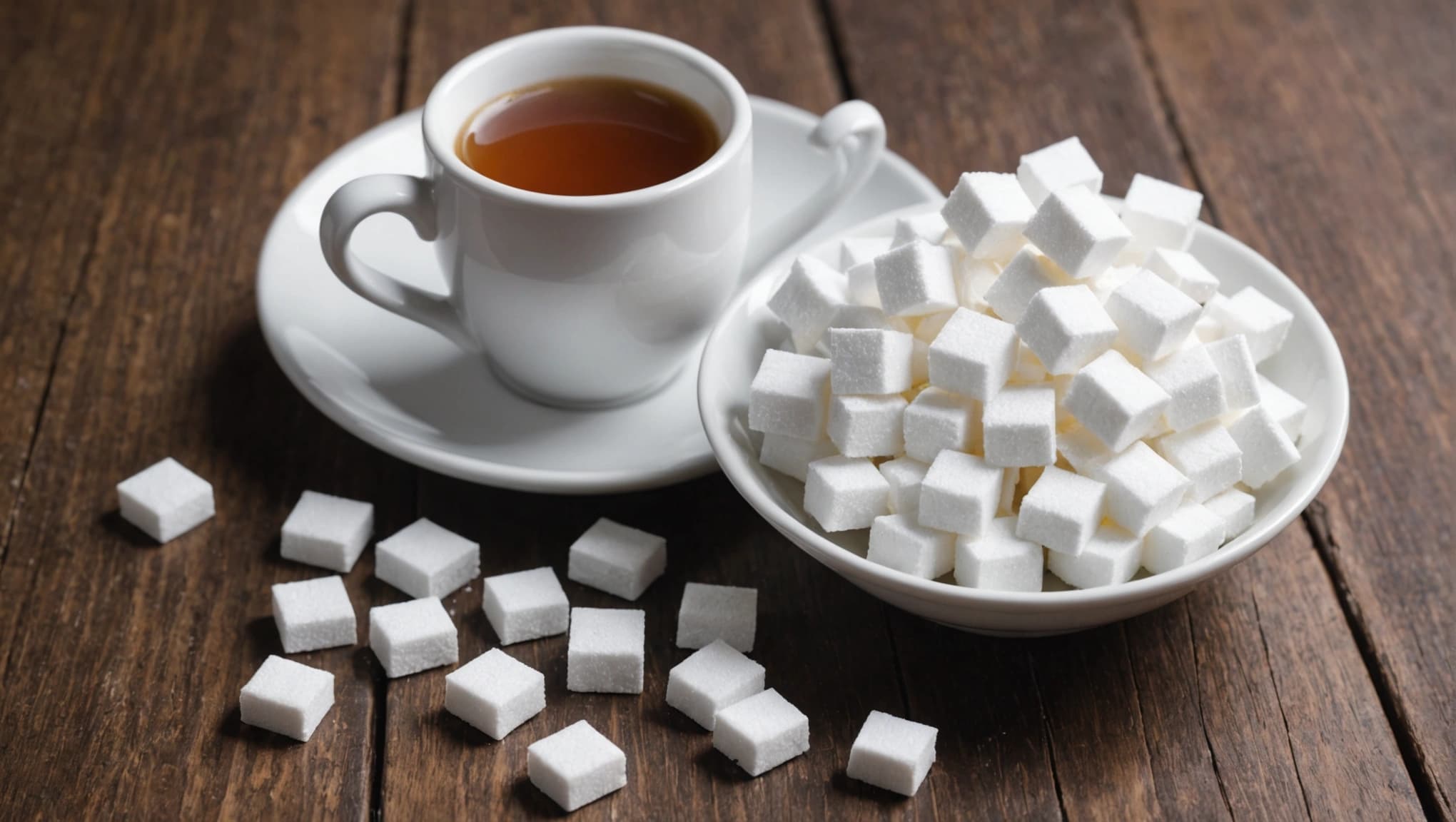 Tea cup beside a bowl of sugar cubes on a wooden table
